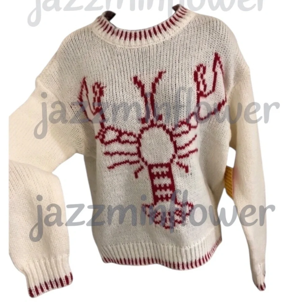 offwhite red whipstitch style lobster print crochet knit sweater size medium new